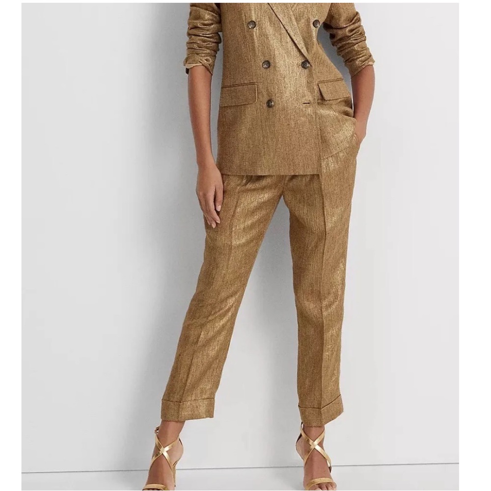 Metallic Pleated Herringbone Pants